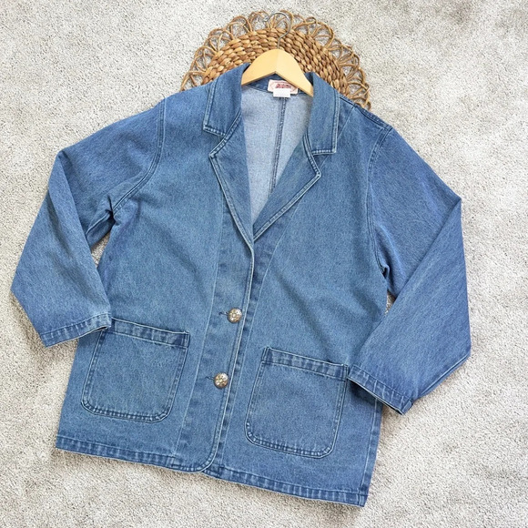 Apache Vintage Denim Single Breasted Blazer Jean Jacket Blue Y2K 80s Size L - Picture 1 of 10